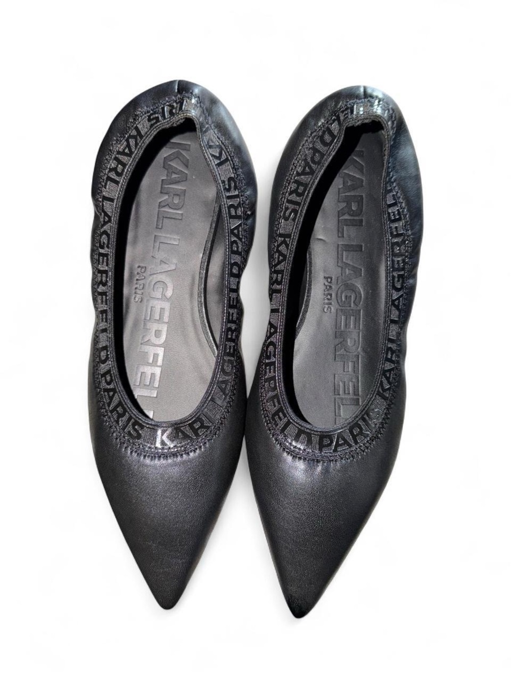 NWOT Karl Lagerfeld Black Pointed Ballet Flats with Logo Trim - Picture 3 of 5